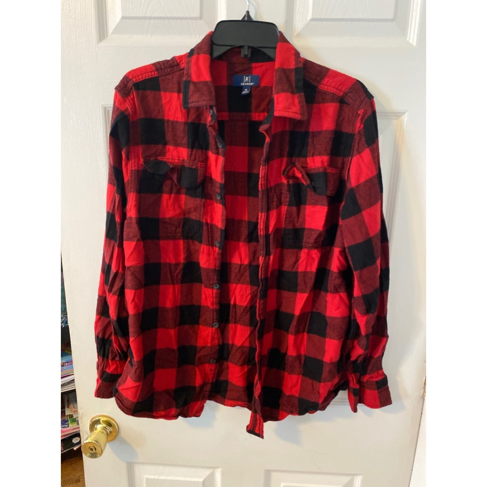 George Mens Red Black Buffalo Plaid Flannel Button Down Shirt Medium M